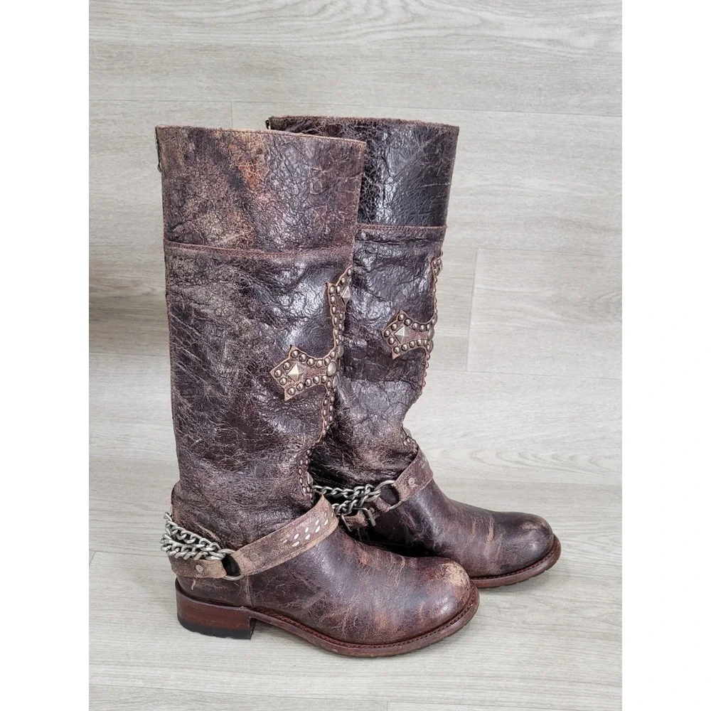 Vintage SENDRA Knee High Western Leather Belted With Big Cross Boots 9.5